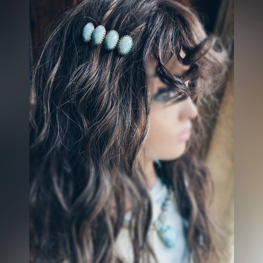 Vintage Turquoise Cabochon Barrette Made in France 2” Western Boho - Picture 9 of 14